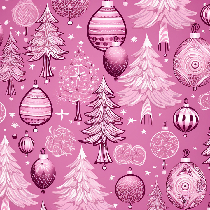 Christmas Digital Paper with Pink Trees and Ornaments seamless PBR texture preview