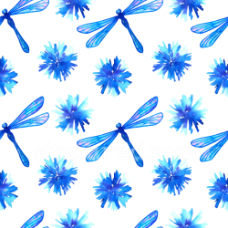 seamless Seamless 3D PBR Texture with Blue Watercolor Dragonflies and Floral Motifs texture 8k free download PBR