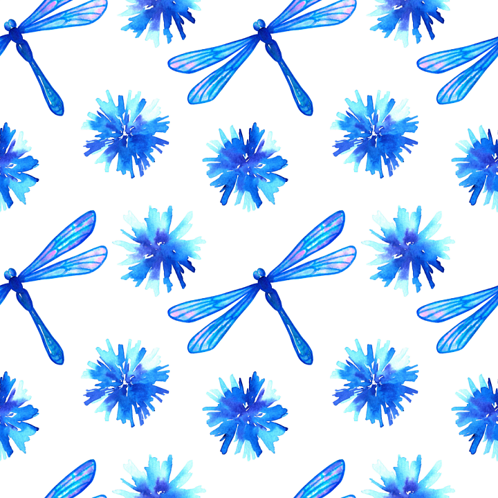 with Blue Watercolor Dragonflies and Floral Motifs seamless PBR texture preview