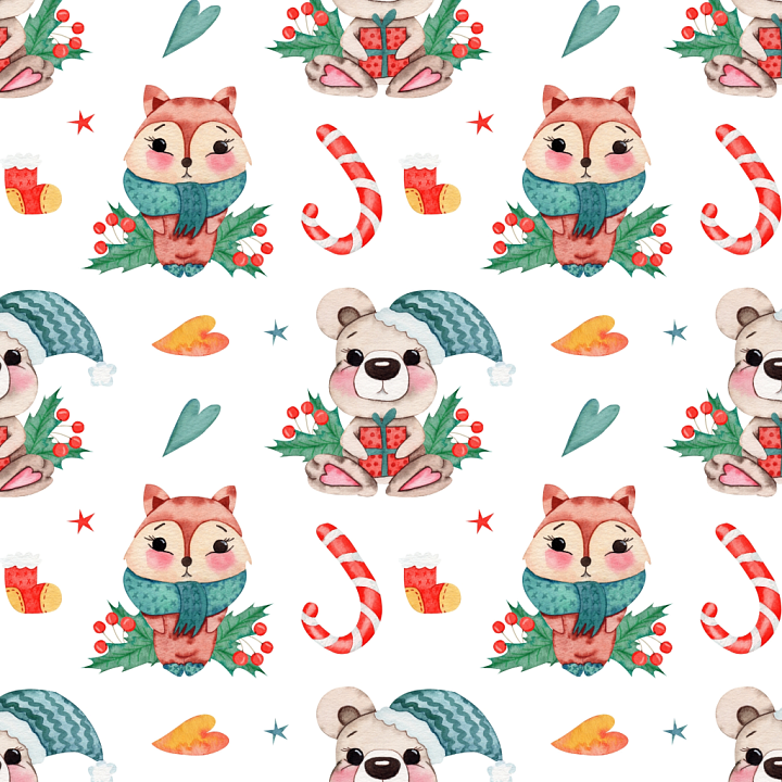 Watercolor Christmas Pattern with Cute Animals and Festive Motifs seamless PBR texture preview