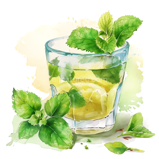 Lemon Balm Tea in Glass with Fresh Green Leaves Breakfast Illustration