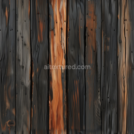 Seamless 3D Burnt Wood Planks PBR Texture with Charred Dark Grain