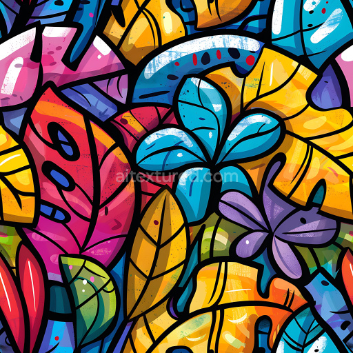 Preview — Seamless 3D PBR Graffiti Texture Featuring Bright Multicolor Leaf Motifs