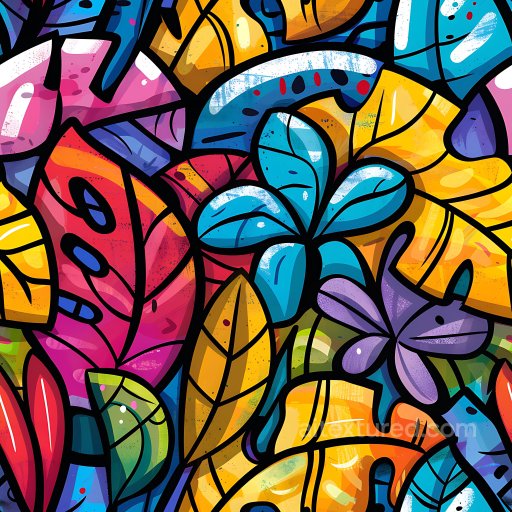 Seamless 3D PBR Graffiti Texture Featuring Bright Multicolor Leaf Motifs texture preview