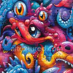 seamless Seamless 3D PBR Graffiti Texture Featuring Vibrant Cartoon Dragon Mural texture 8k free download PBR