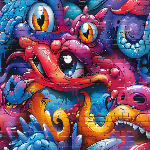 Seamless 3D PBR Graffiti Texture Featuring Vibrant Cartoon Dragon Mural
