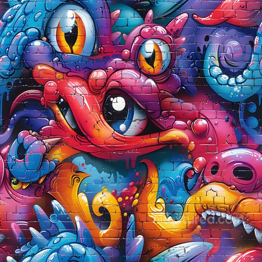 Seamless 3D PBR Graffiti Texture Featuring Vibrant Cartoon Dragon Mural texture preview
