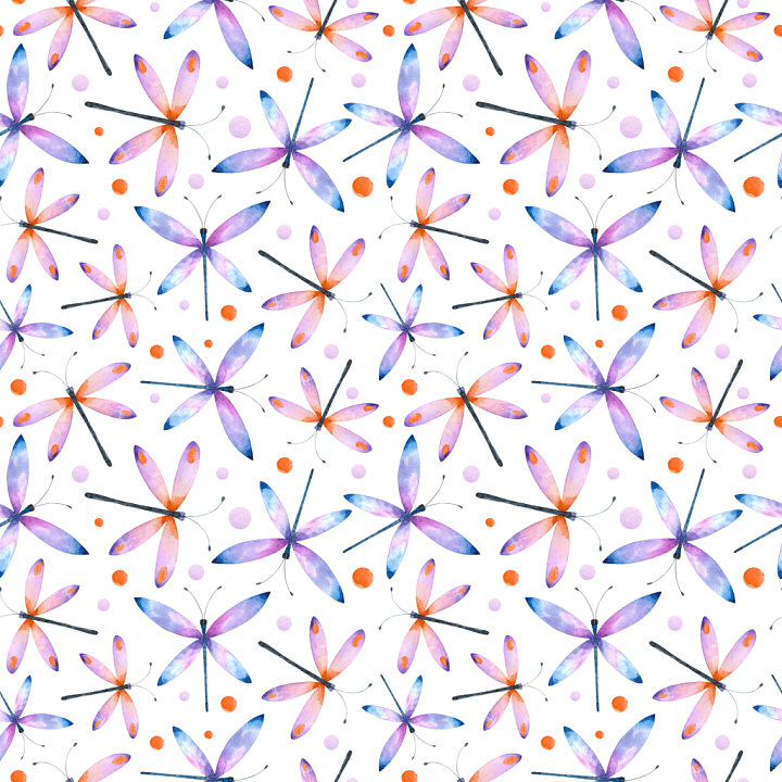 Colorful Watercolor Dragonfly Pattern seamless PBR texture preview
