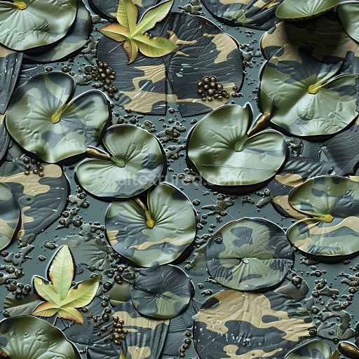 Seamless 3D PBR swamp camouflage texture featuring layered organic leaf shapes and muted olive-green palette