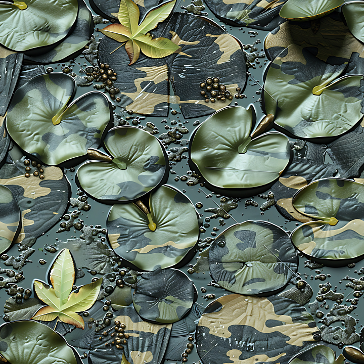 Swamp Camouflage Featuring Layered Organic Leaf Shapes And Muted Olive-… seamless PBR texture preview