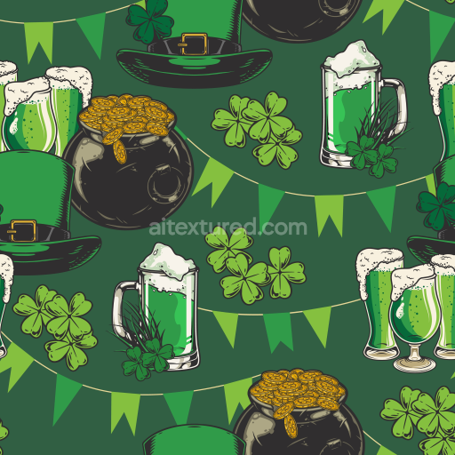 Seamless 3D PBR Texture Featuring St Patrick Symbols and Festive Green Tones