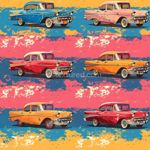 Seamless 3D PBR Graffiti Texture Featuring Colorful Vintage Cars and Distressed Paint