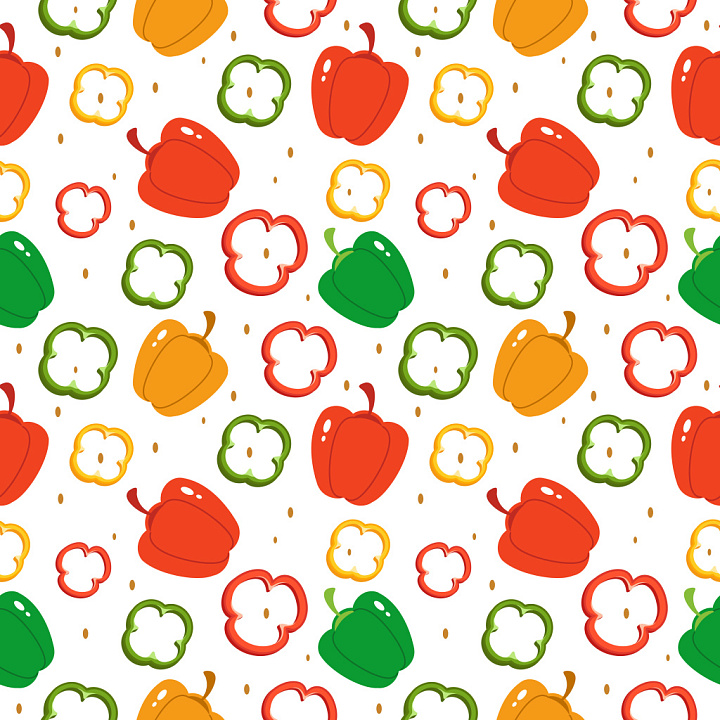 Pattern of Colorful Capsicum Peppers with Playful Motifs seamless PBR texture preview