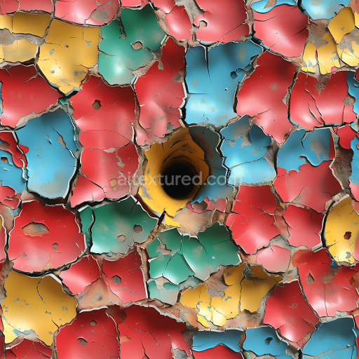 Seamless 3D PBR Texture of Cracked, Chipped Multi-Color Painted Surface with Hole