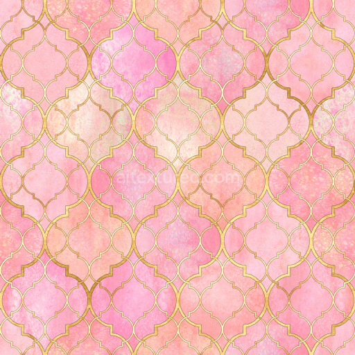 Seamless 3D PBR Pink Watercolor Tile Texture with Elegant Gold Pattern