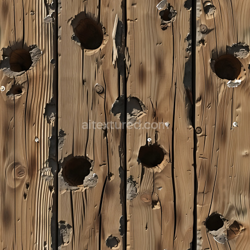 Seamless 3D Cracked and Holed Wood PBR Texture with Natural Grain and Damage