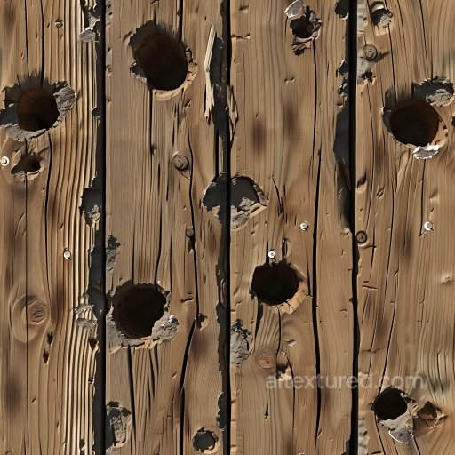 Cracked and Holed Wood PBR Texture with Natural Grain and Damage seamless Cracked & Holes PBR texture