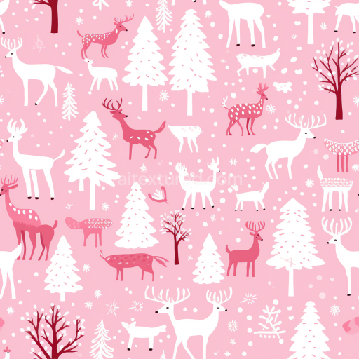 Seamless 3D PBR Pink Christmas Digital Paper Texture with Deer and Pine Trees