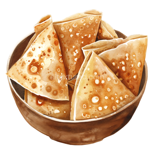 Watercolor Buckwheat Crepes Breakfast Illustration in Wooden Bowl