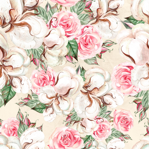 Seamless 3D PBR Texture Featuring Soft Cotton Bolls and Delicate Pink Roses