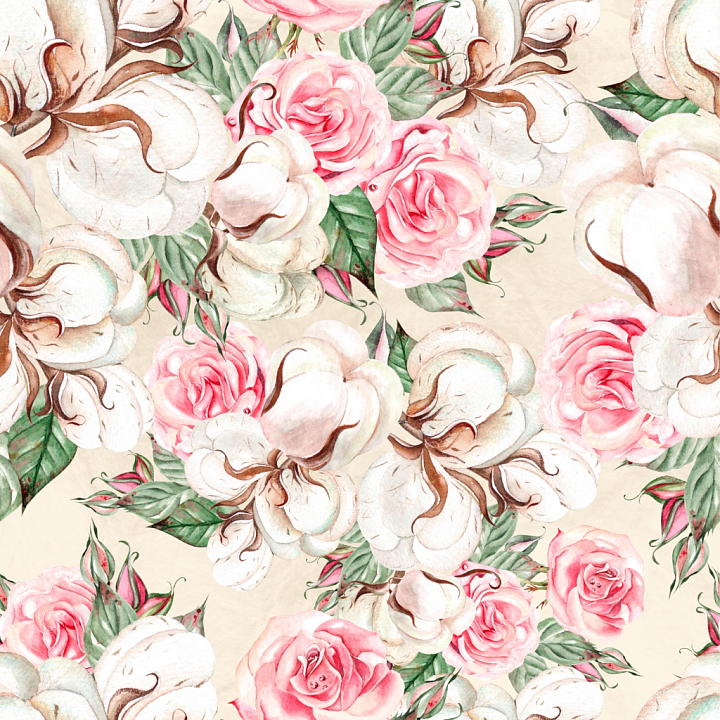 Featuring Soft Cotton Bolls and Delicate Pink Roses seamless PBR texture preview