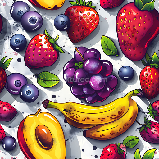 Seamless 3D PBR graffiti texture featuring vibrant fruit stencil and spray paint
