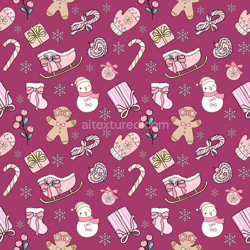 Pattern Bundle - Seamless 3D Pattern PBR Texture Featuring Hand-Drawn Christmas Icons on Plum Background texture preview