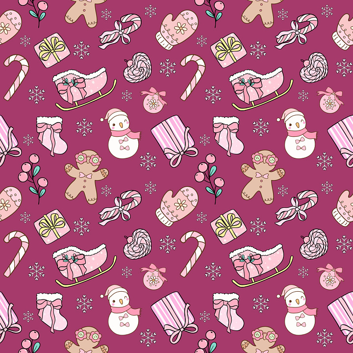 Pattern Featuring Hand-Drawn Christmas Icons on Plum Background seamless PBR texture preview