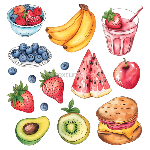 Watercolor Fruit and Breakfast Sandwich PNG Clipart - Vibrant Fresh Morning Food