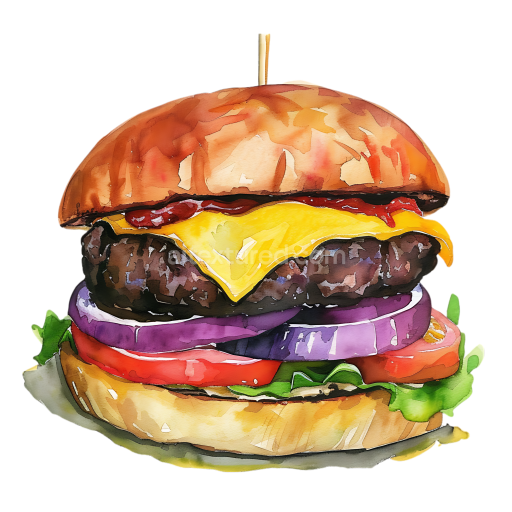Preview — Breakfast Beef Burger with Cheese, Lettuce, Tomato, and Onion Illustration