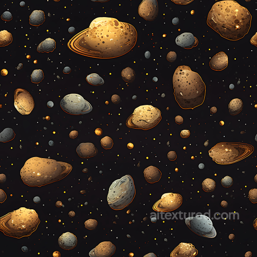 Space PBR Texture Featuring Stylized Asteroids and Planetesimals in Dark Void seamless Star, space, planets PBR texture