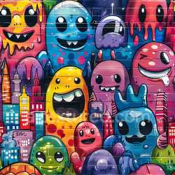 seamless Seamless 3D PBR texture featuring vibrant cartoon graffiti characters texture 8k free download PBR