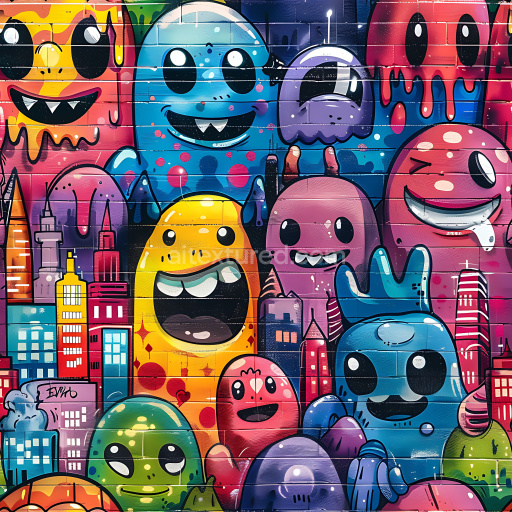 Seamless 3D PBR texture featuring vibrant cartoon graffiti characters