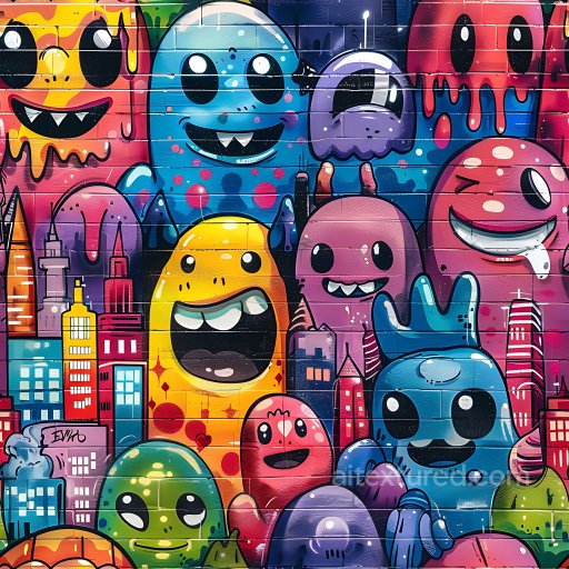 Seamless 3D PBR texture featuring vibrant cartoon graffiti characters texture preview
