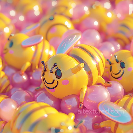 Inflated PBR Texture Featuring Glossy Yellow Bumblebee Shapes with Pink Bubble Clusters seamless Inflated PBR texture