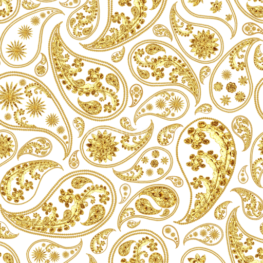 Seamless 3D PBR Texture of Retro Paisley Pattern in Gold Embroidery on White Fabric