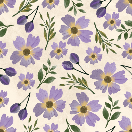 Seamless 3D PBR Texture with Hand-Painted Purple Flowers and Green Leaves on Soft Fabric Background