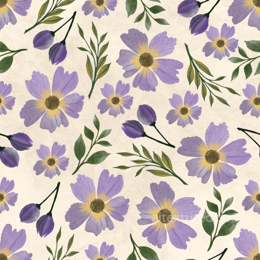 with Hand-Painted Purple Flowers and Green Leaves on Soft Fabric Background seamless Flower PBR texture