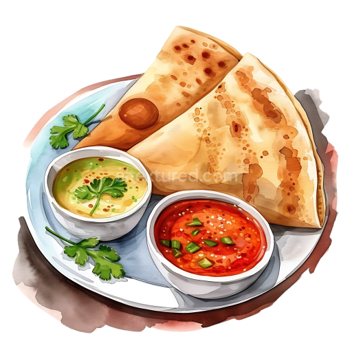Watercolor Style Indian Masala Dosa Breakfast with Chutneys Graphic