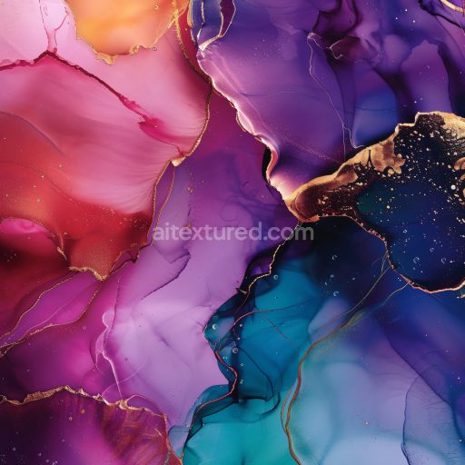 Seamless 3D Alcohol Ink PBR Texture Featuring Violet, Blue, and Gold Veined Swirls