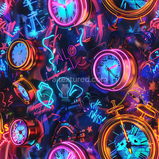 Seamless 3D PBR Graffiti Texture Featuring Vibrant Neon Clocks and Abstract Street Art