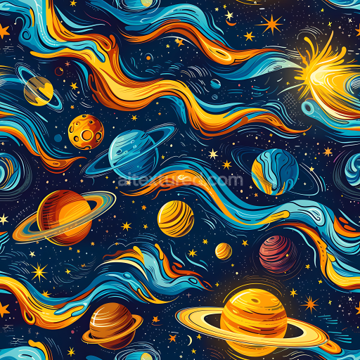 Seamless 3D Space PBR Texture with Stylized Nebula Streams and Planetary Bodies