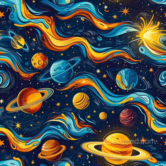 Space PBR Texture with Stylized Nebula Streams and Planetary Bodies Star, space, planets texture preview