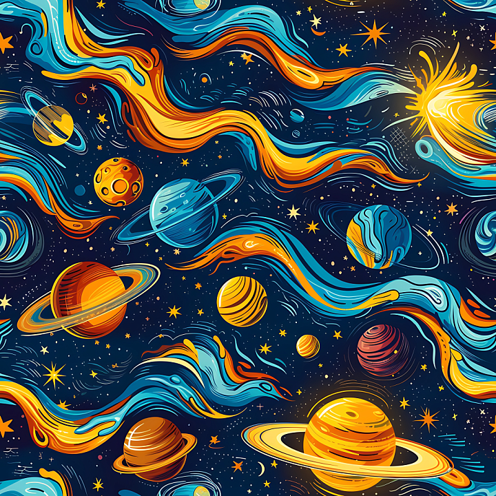 Space with Stylized Nebula Streams and Planetary Bodies seamless PBR texture preview