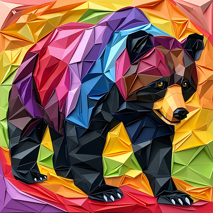 Animal of Colorful Origami Black Bear with Geometric Facets seamless PBR texture preview
