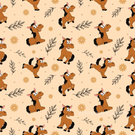 Pattern PBR Texture with Playful Cartoon Horses and Floral Motifs seamless Pattern Bundle PBR texture
