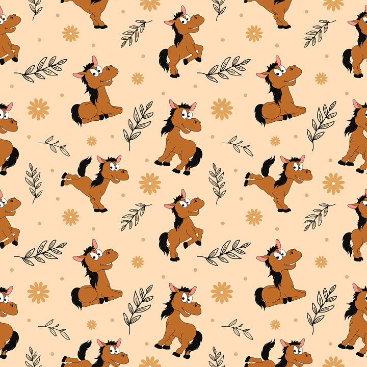 Pattern with Playful Cartoon Horses and Floral Motifs seamless PBR texture preview