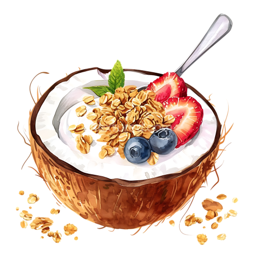 Breakfast Coconut Yogurt Bowl with Granola, Strawberries, and Blueberries Illustration