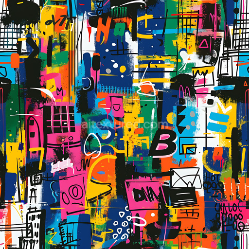 Seamless 3D PBR Texture of Colorful Abstract Graffiti with Urban Tags and Paint Strokes