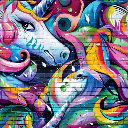 Seamless 3D PBR Graffiti Texture Featuring Vibrant Multicolor Unicorn Artwork